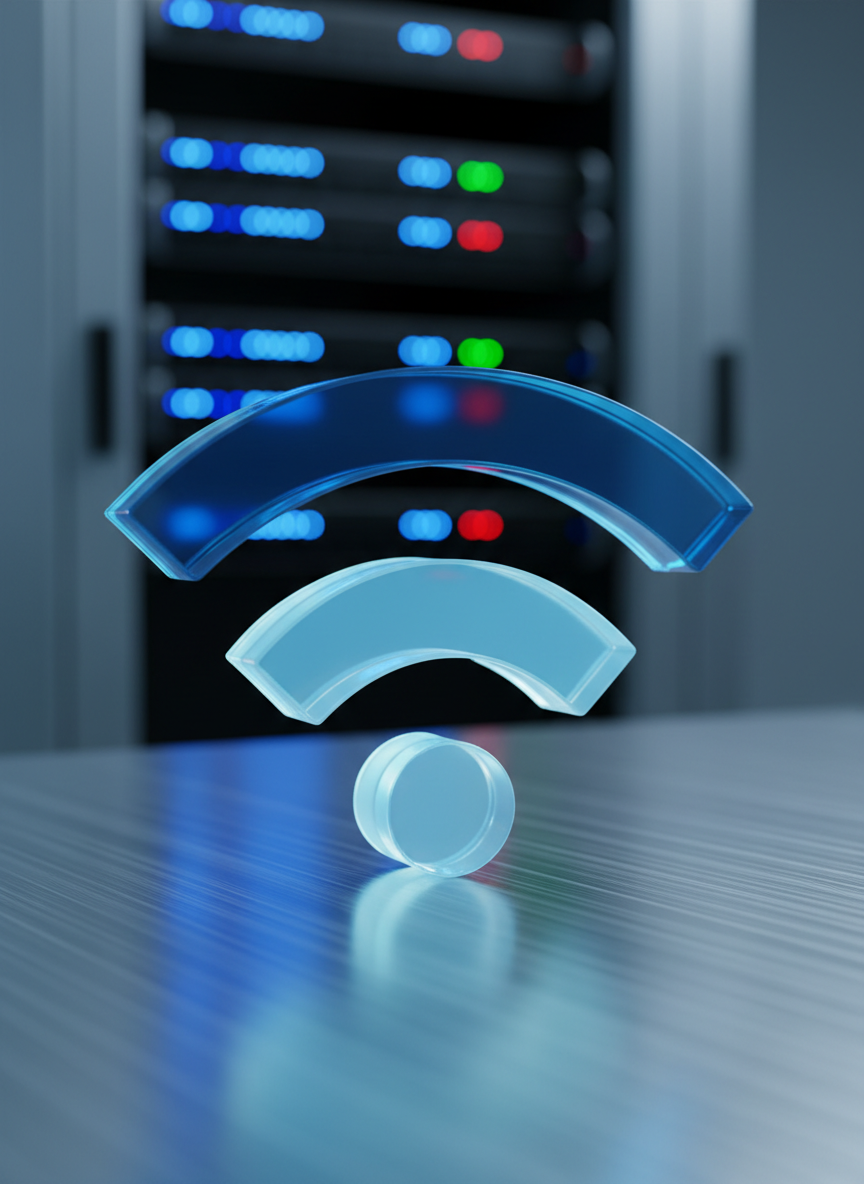 A detailed close-up of a Wi‑Fi signal icon rendered as a three-dimensional translucent glass sculpture, each arc glowing in a cool blue gradient. The icon stands on a brushed aluminum surface with fine linear texture, set against a softly blurred server rack in the background with tiny indicator lights. Cool, diffused studio lighting creates crisp reflections and gentle highlights on the glass arcs, emphasizing their curvature. Photographic realism with a minimalist, high-tech aesthetic. Captured from a slightly elevated angle with shallow depth of field, the mood is precise, professional, and analytical, ideal for illustrating abstract wireless concepts with a clean visual metaphor.