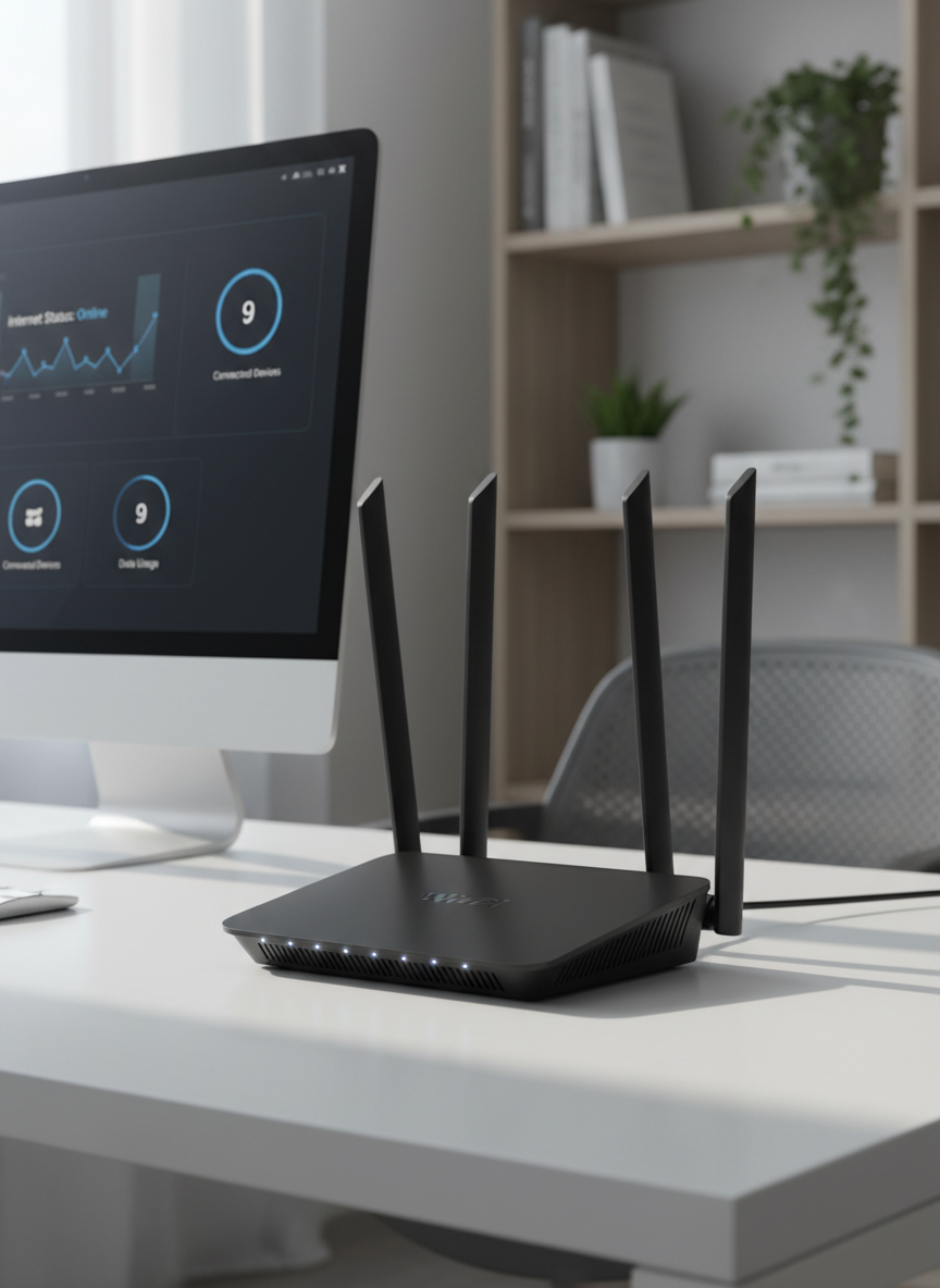 A sleek dual-band Wi‑Fi router with four angular antennas, matte black finish, and subtle status LEDs, resting on a clean white desk in a modern home office. Behind it, a blurred bookshelf and a large monitor display a simple network dashboard interface. Soft morning daylight filters through a nearby window, creating gentle reflections on the router’s surface and faint shadows on the desk. Photographic realism with a professional, clean, and modern aesthetic. Shot at eye level with a slight three-quarter angle, sharp focus on the router, and a softly blurred background to emphasize the device as the central subject, conveying reliability and technical sophistication.