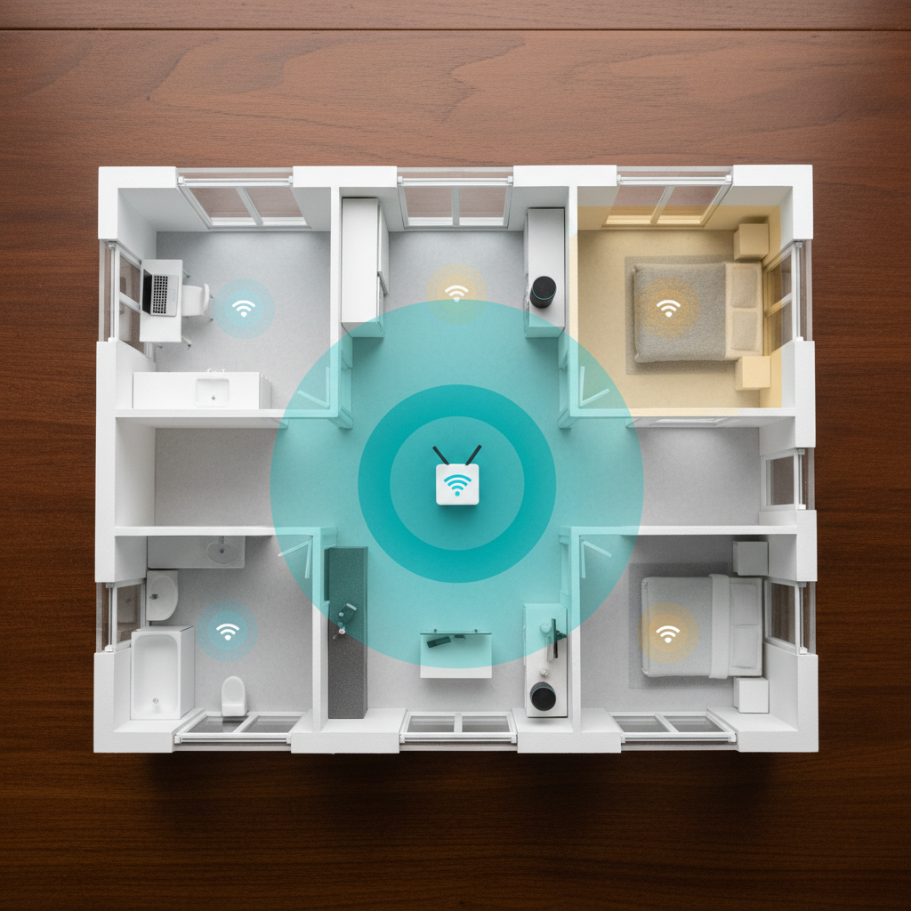 An overhead view of a contemporary apartment floor plan model on a dark wooden table, with transparent colored overlays illustrating Wi‑Fi coverage zones and signal strength gradients emanating from a central router. Small, realistic miniature devices such as laptops, smart speakers, and TVs are placed in different rooms. Soft, even studio lighting illuminates the scene, creating gentle shadows from the model’s walls while keeping all details readable. Photographic realism with a clear, informational tone. The composition uses a centered top-down perspective with sharp focus throughout, evoking a professional, educational mood about whole‑home wireless design and optimization.
